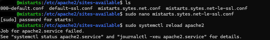 Terminal com a falha do Apache ao recarregar depois de editar o virtual host SSL
