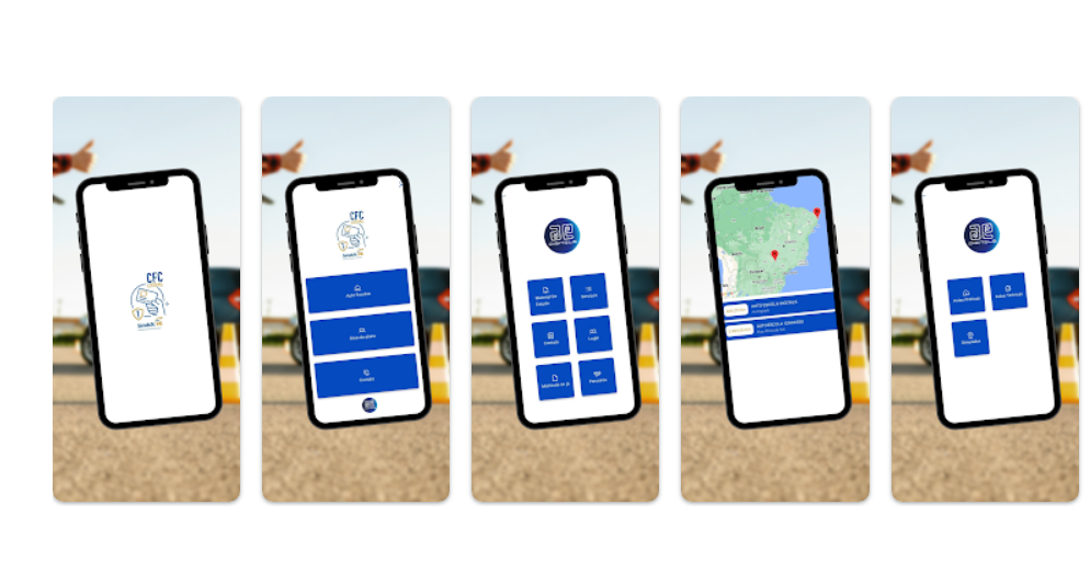 Mockups das telas do CFC Legal: splash, menu principal, serviços, mapa com autoescolas parceiras e área de estudo