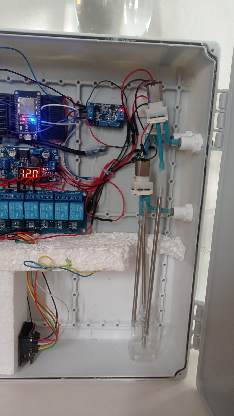 Protótipo interno com ESP32-CAM, relés, bombas peristálticas e compartimento de amostra