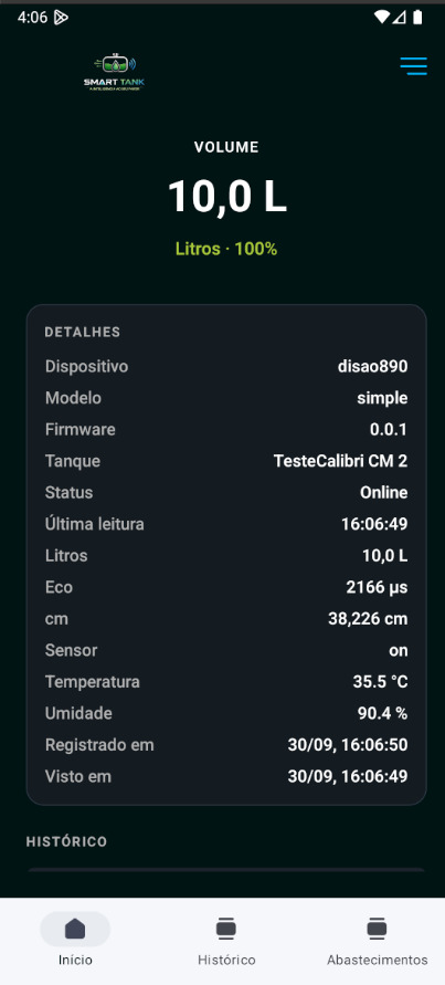Tela principal do aplicativo Smart-Tank com volume em litros, percentual da capacidade e detalhes do dispositivo online