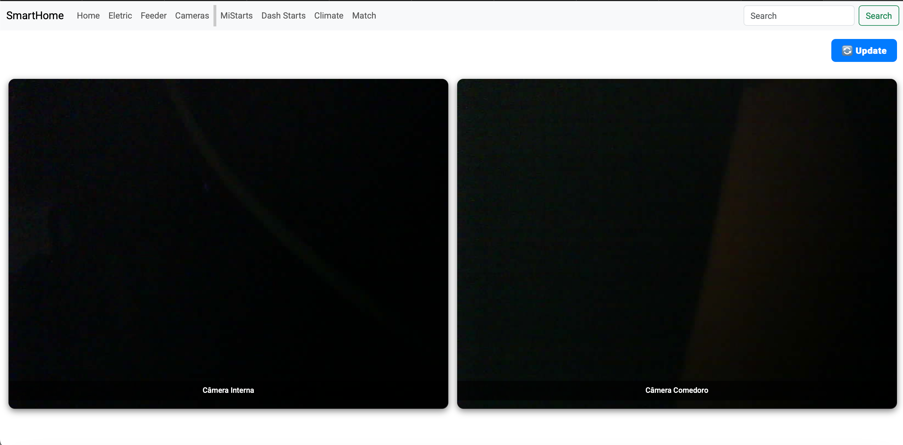 Painel de câmeras com feeds da câmera interna e da câmera do comedouro
